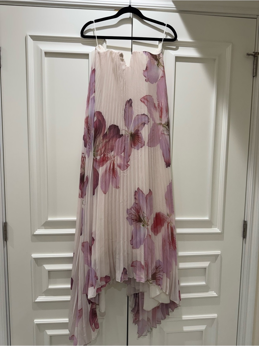Pleated Floral Spaghetti Strap Midi Dress - Pale Blush Pink & Lilac